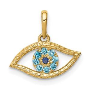14k Yellow Gold Mini Evil Eye Necklace Charm Pendant, with blue CZ Stones
